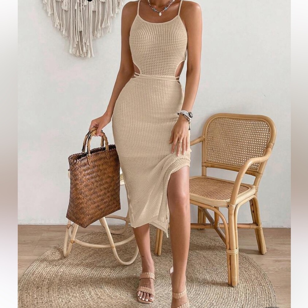 SHEIN Beige Knit Midi Dress - Backless with Side Cutouts – Size L”